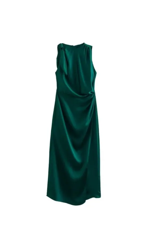 ‘Lucy’ Pleated Decorative Silk Satin Texture Midi Dress made by Goodnight Macaroon