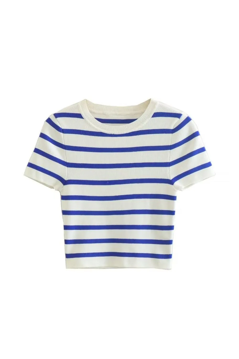 ‘Nataliya’ Round Neck Short Sleeve Striped Cropped Knit Top sold by Goodnight Macaroon
