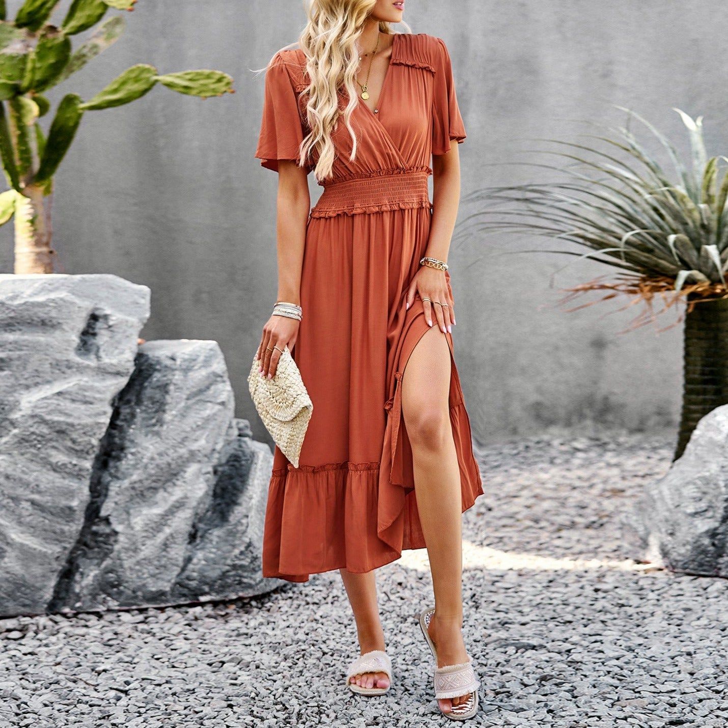 'Jaya' Ruffled V-Neck Split Midi Dress #178775 sold by Goodnight Macaroon product image thumbnail 5