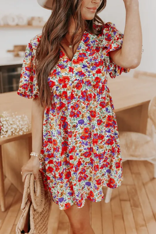 'Valorie' Floral V-Neck Short Dress #171146 sold by Goodnight Macaroon