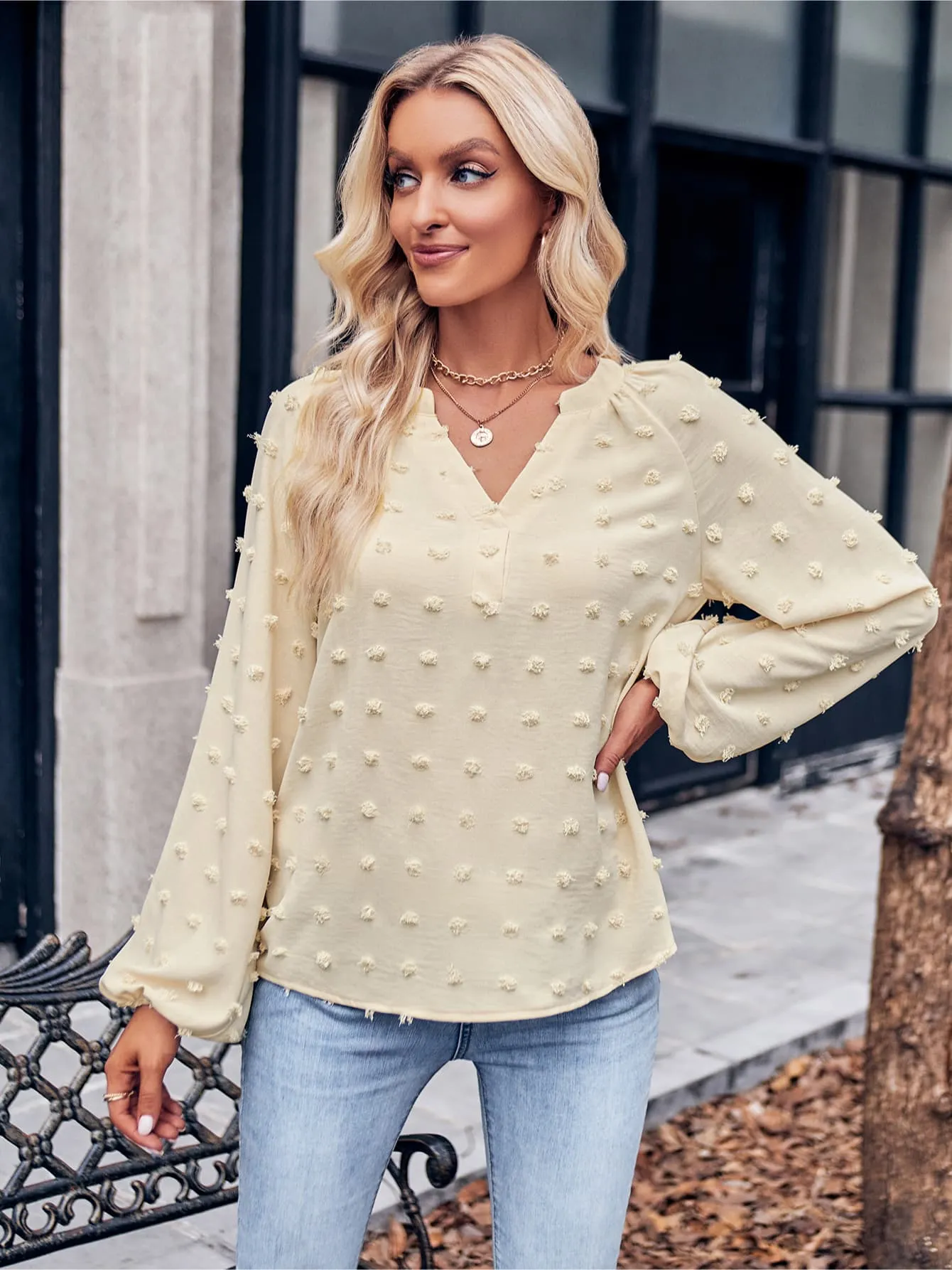 Swiss Dot Notched Neck Long Sleeve Blouse sold by Goodnight Macaroon product image thumbnail 3