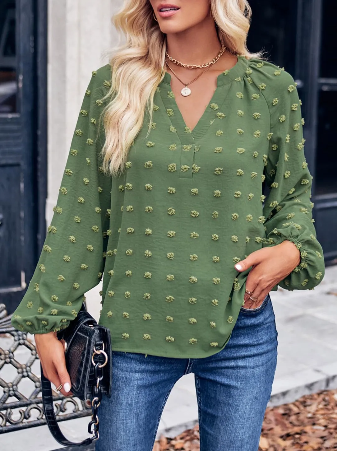 Swiss Dot Notched Neck Long Sleeve Blouse sold by Goodnight Macaroon