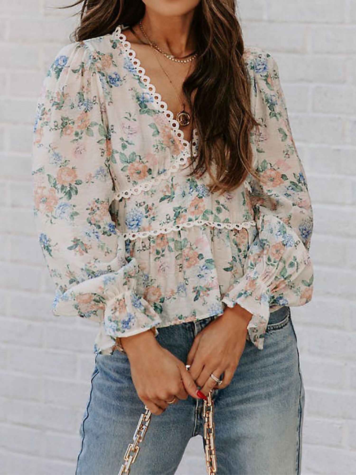 'Leanna' V-neck Floral Printed Crochet Blouse sold by Goodnight Macaroon product image thumbnail 3