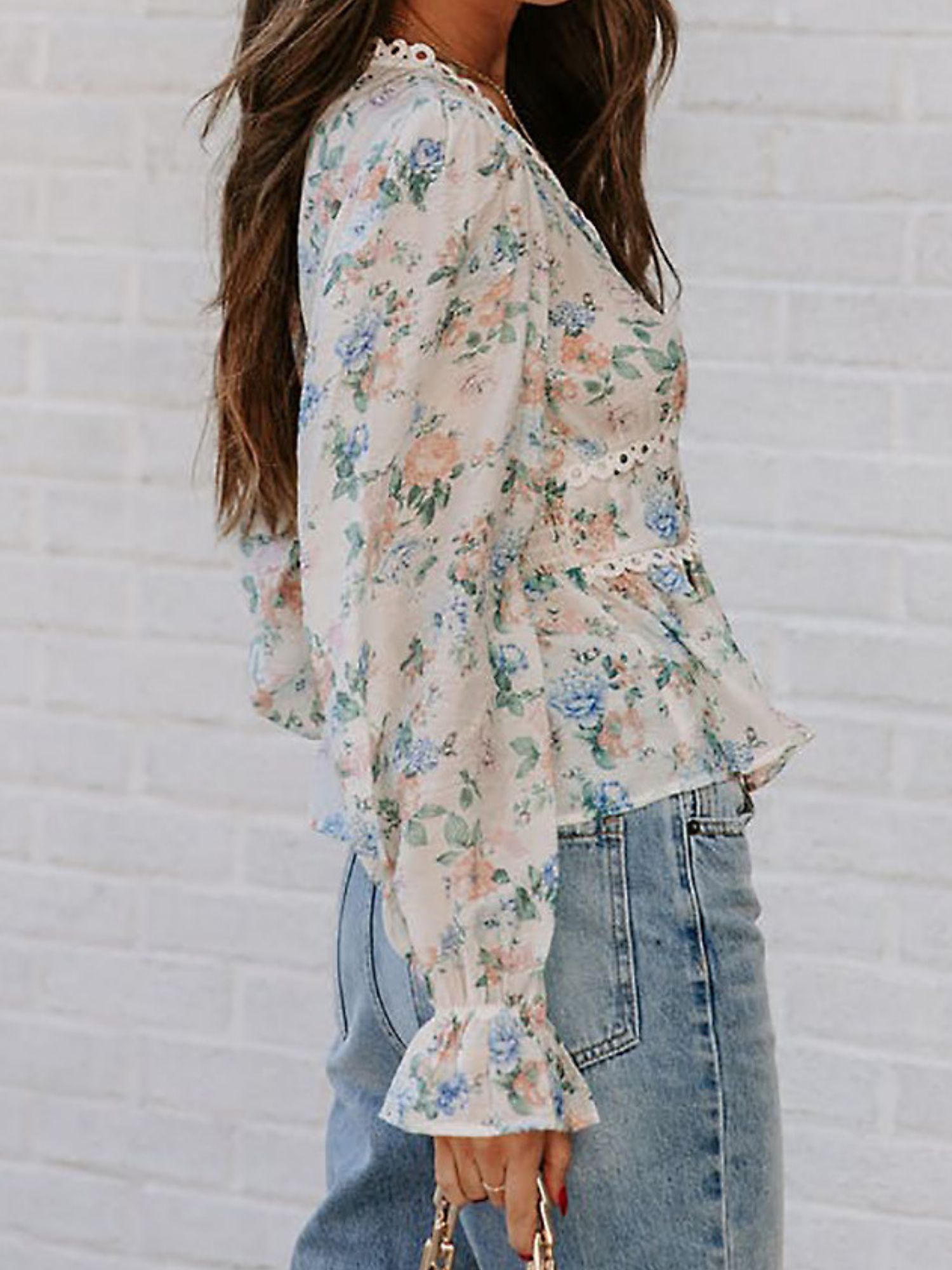 'Leanna' V-neck Floral Printed Crochet Blouse sold by Goodnight Macaroon product image thumbnail 2