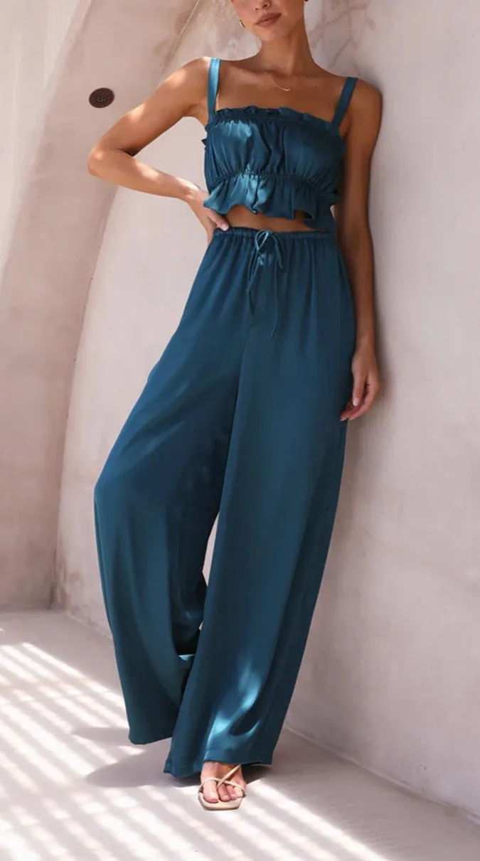 Satin Crop Top & Wide Leg Pants Set #167780 sold by Goodnight Macaroon product image thumbnail 3