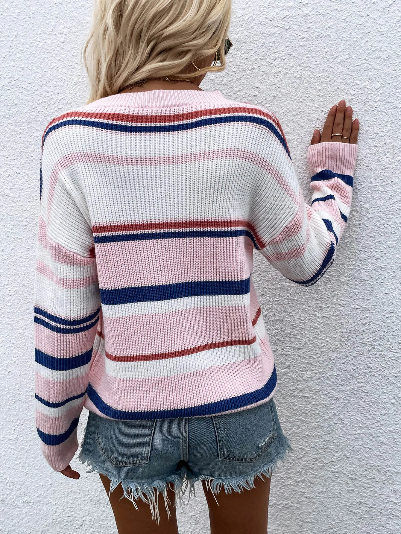 'Vanessa' Striped Drop Shoulder Round Neck Pullover Sweater (4 Colors) sold by Goodnight Macaroon product image thumbnail 4