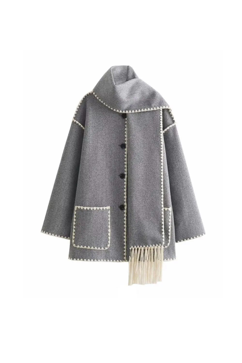 'Samantha' Scarf-Trimmed Patchwork Woolen Knit Coat sold by Goodnight Macaroon product image thumbnail 4