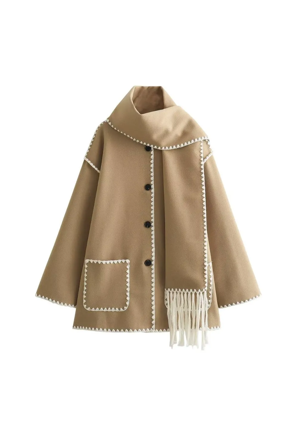 'Samantha' Scarf-Trimmed Patchwork Woolen Knit Coat sold by Goodnight Macaroon product image thumbnail 2