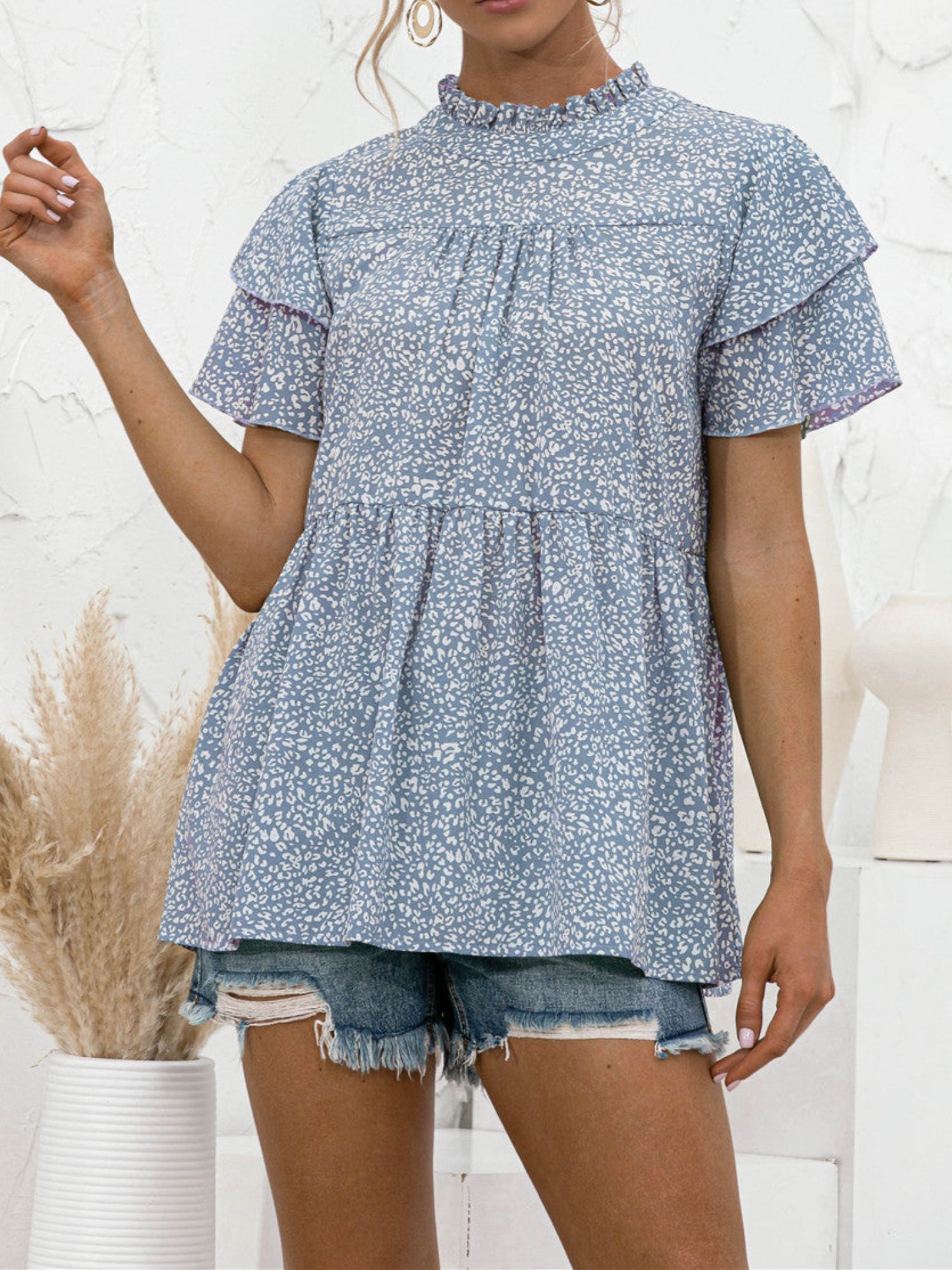 'Kelly' Leopard Printed High Neck Ruffled Sleeve Top (3 Colors) sold by Goodnight Macaroon product image thumbnail 3