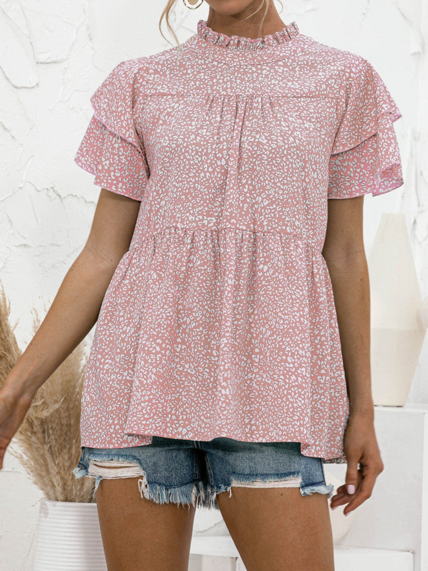 'Kelly' Leopard Printed High Neck Ruffled Sleeve Top (3 Colors) sold by Goodnight Macaroon product image thumbnail 4