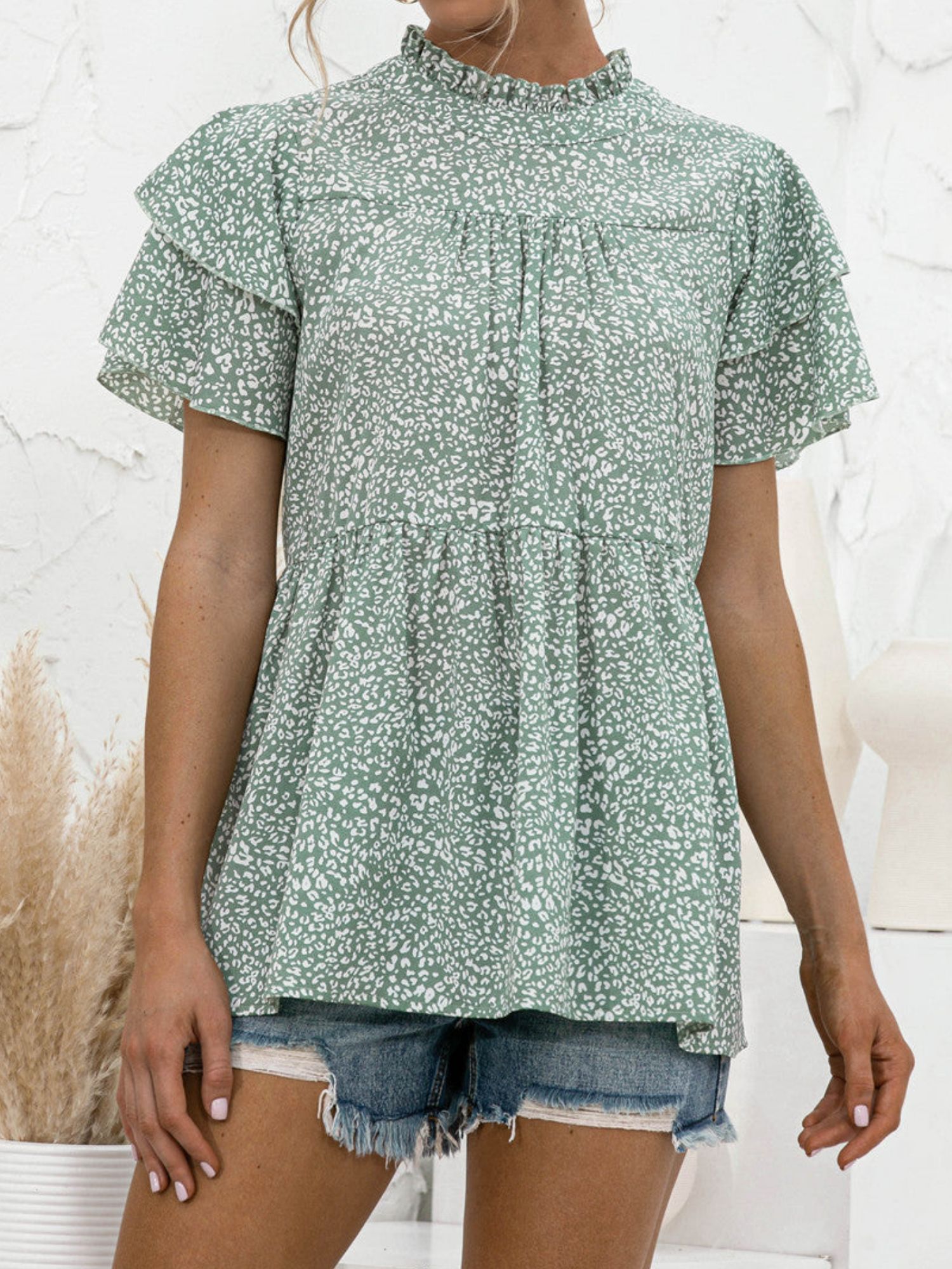 'Kelly' Leopard Printed High Neck Ruffled Sleeve Top (3 Colors) sold by Goodnight Macaroon