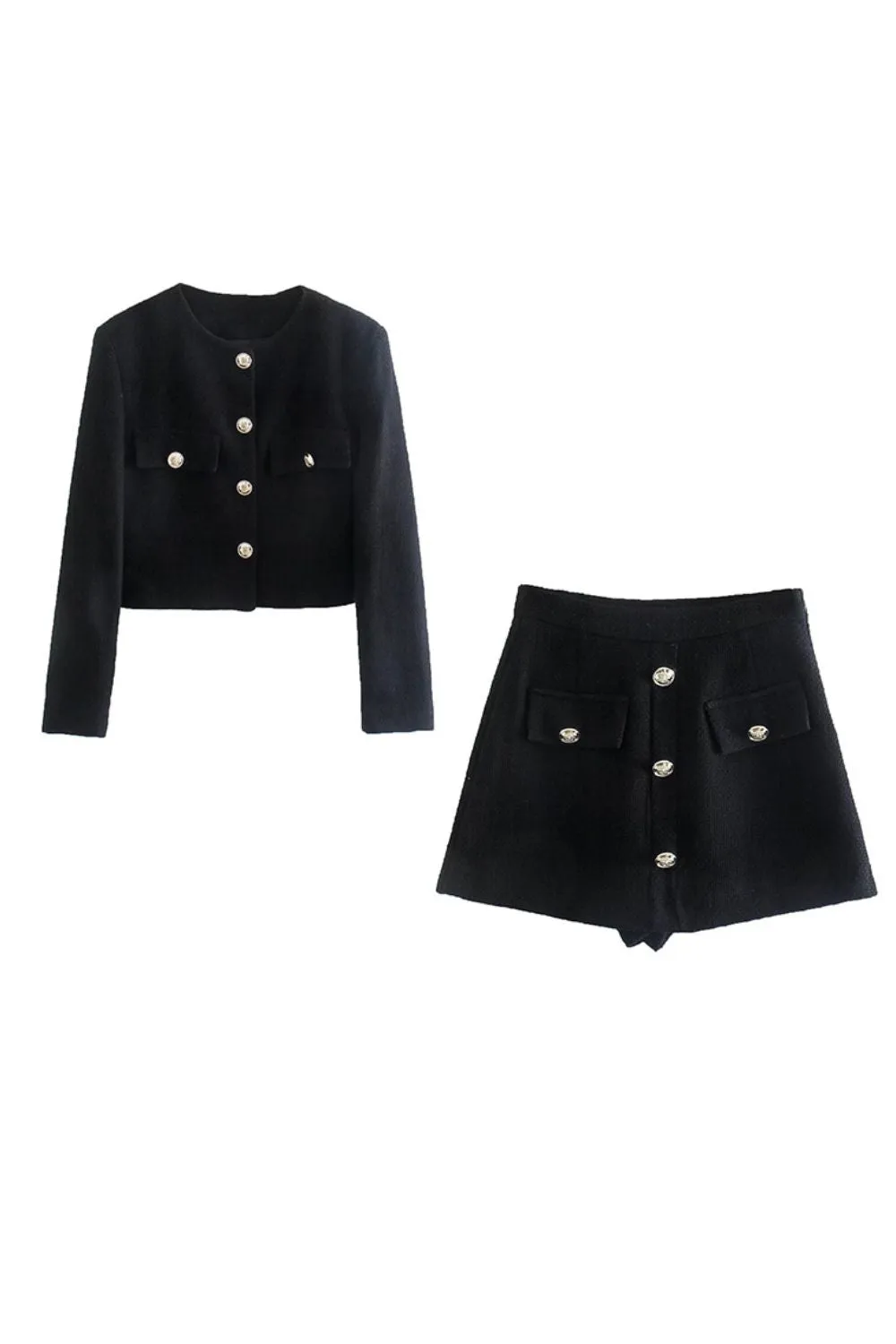 'Ellie' Gold-Buttoned Textured Blazer & Skirt Set sold by Goodnight Macaroon