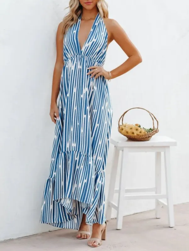 Blue Gathered Backless Halter Printed Dress #168422 sold by Goodnight Macaroon