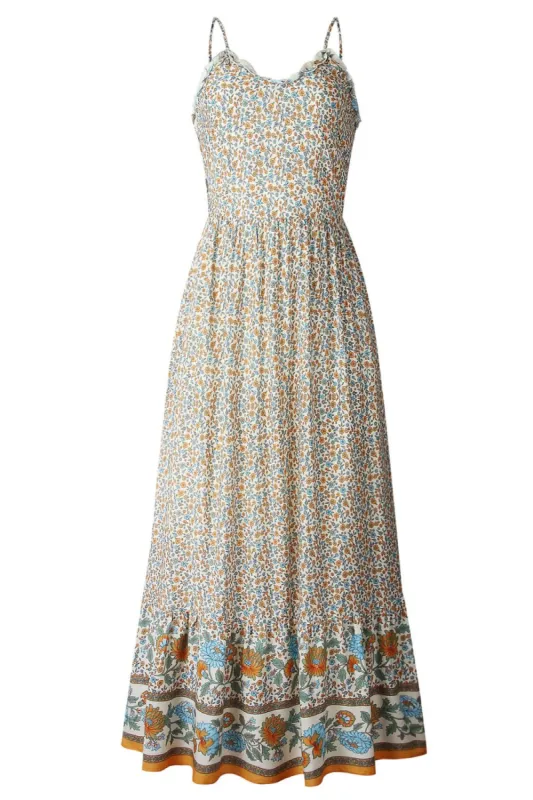 Bohemian Spaghetti Strap Frill Trim V-Neck Maxi Dress #166798 sold by Goodnight Macaroon