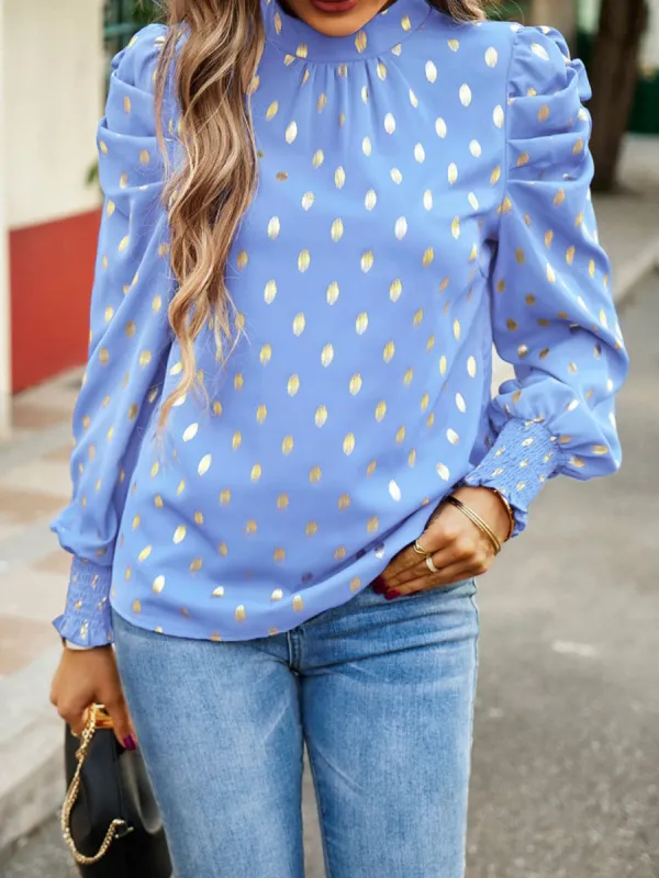 Printed Mock Neck Lantern Sleeve Blouse sold by Goodnight Macaroon
