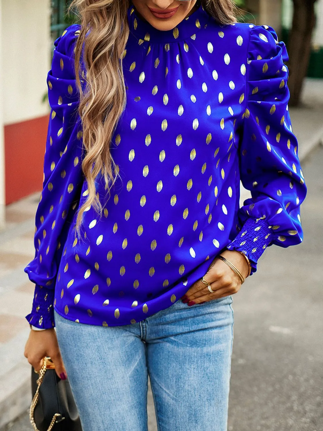 Printed Mock Neck Lantern Sleeve Blouse sold by Goodnight Macaroon product image thumbnail 5