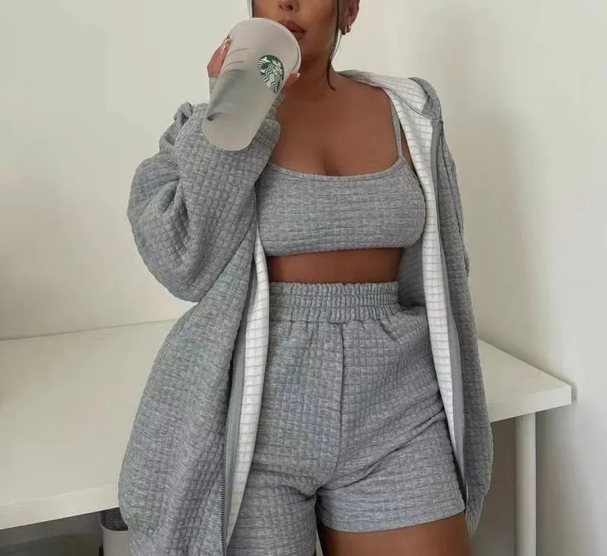 Heather Grey Waffle 3-Piece Sweatshirt Set made by Goodnight Macaroon