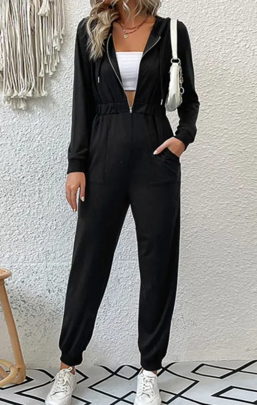 'Kristina' Zip Up Elastic Waist Hooded Jogger Jumpsuit sold by Goodnight Macaroon