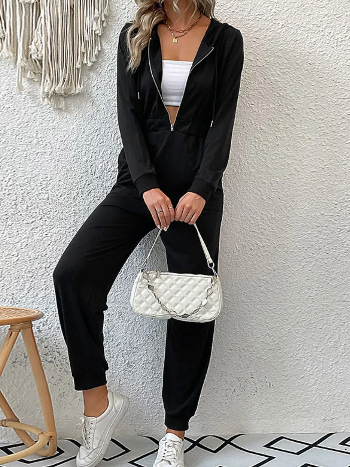 'Kristina' Zip Up Elastic Waist Hooded Jogger Jumpsuit sold by Goodnight Macaroon product image thumbnail 3