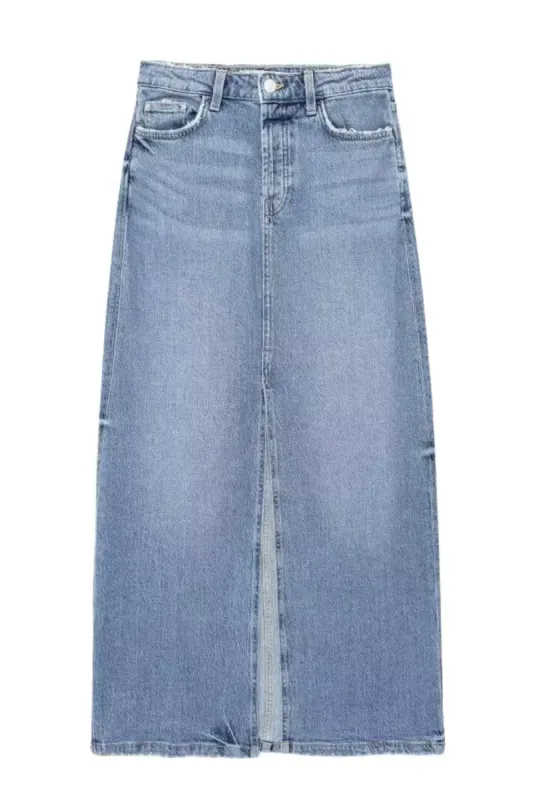 'Heidi' High-Waist Slit Denim Midi Skirt sold by Goodnight Macaroon