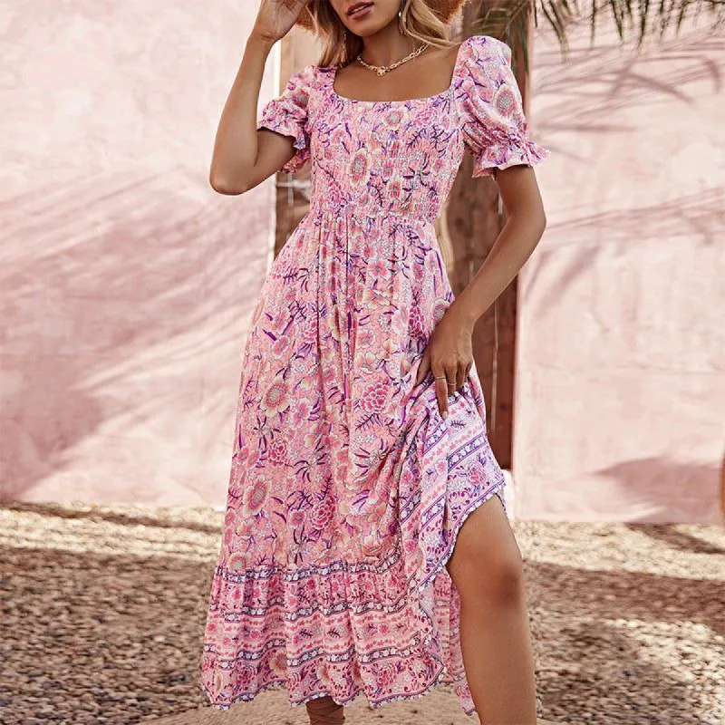 Summer Pink Square Collar Lantern Sleeve Midi Dress #167924 sold by Goodnight Macaroon