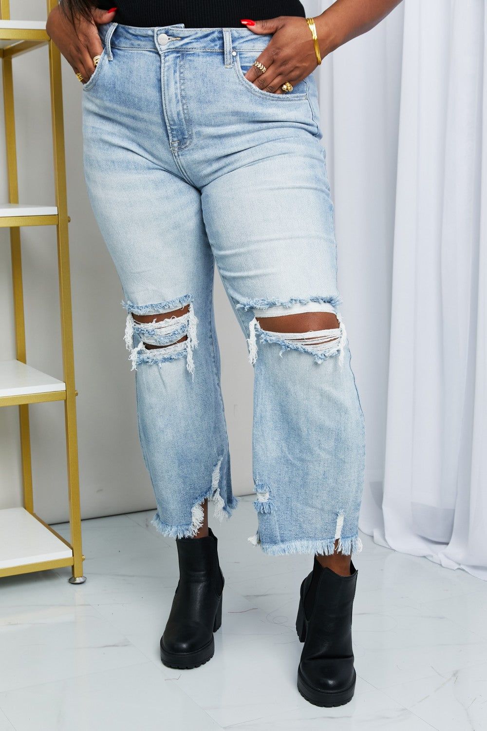 RISEN Full Size Distressed Fringe Hem Cropped Jeans sold by Goodnight Macaroon product image thumbnail 5