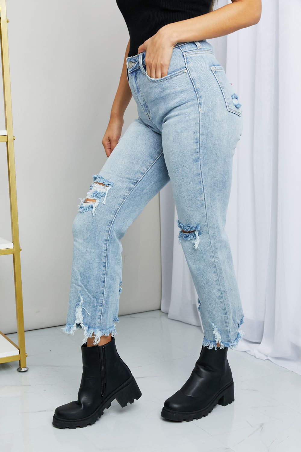 RISEN Full Size Distressed Fringe Hem Cropped Jeans sold by Goodnight Macaroon product image thumbnail 3