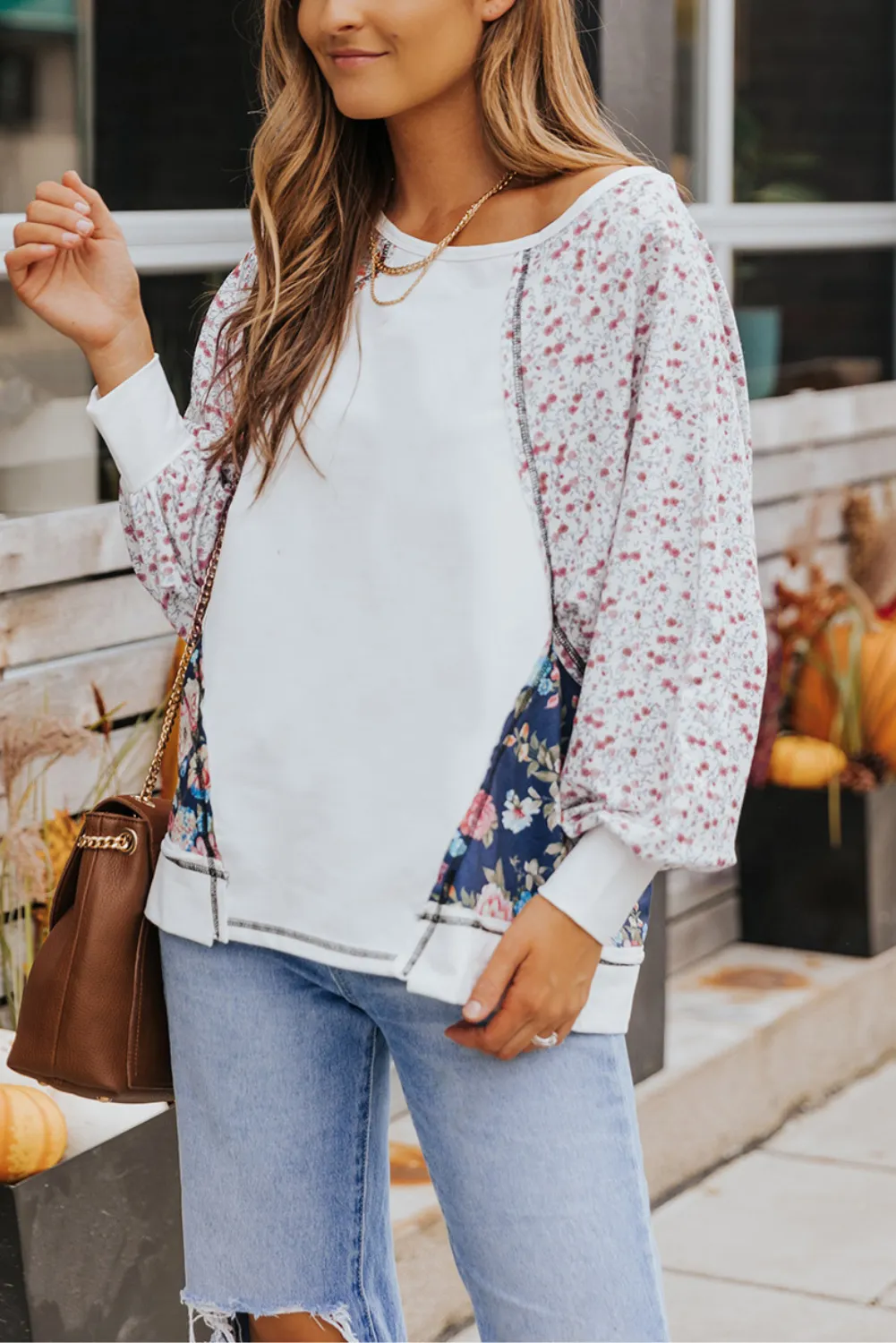 'Fae' Floral Lantern Sleeve Round Neck Top sold by Goodnight Macaroon