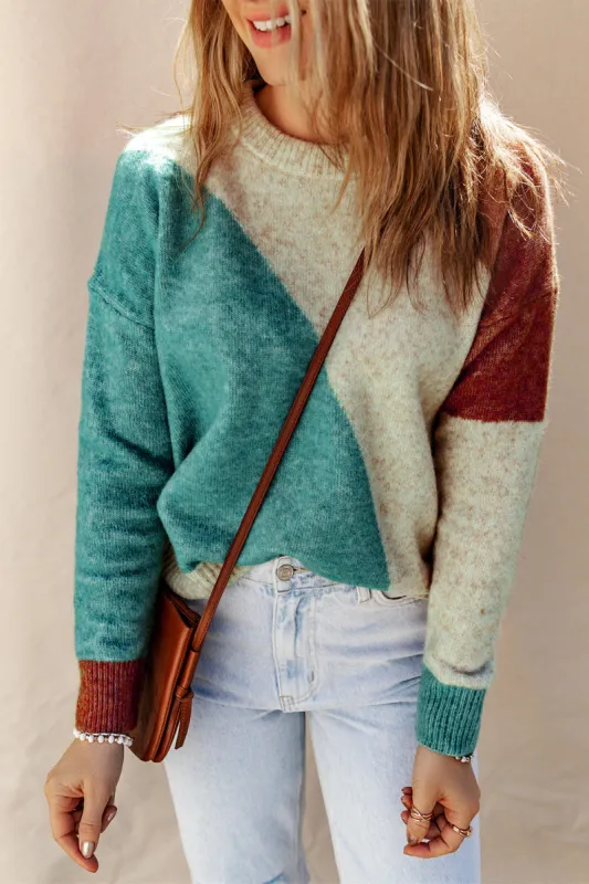 Color Block Round Neck Dropped Shoulder Pullover Sweater sold by Goodnight Macaroon