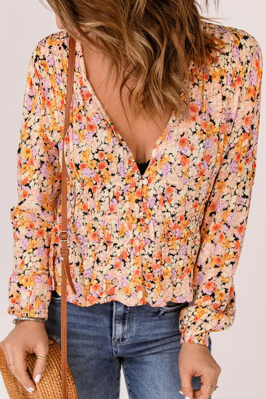 'Aria' Floral Buttoned Plunge Peplum Blouse sold by Goodnight Macaroon