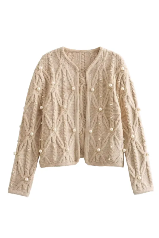 'Honora' Cable-Knit Pearl Embellished Cardigan made by Goodnight Macaroon