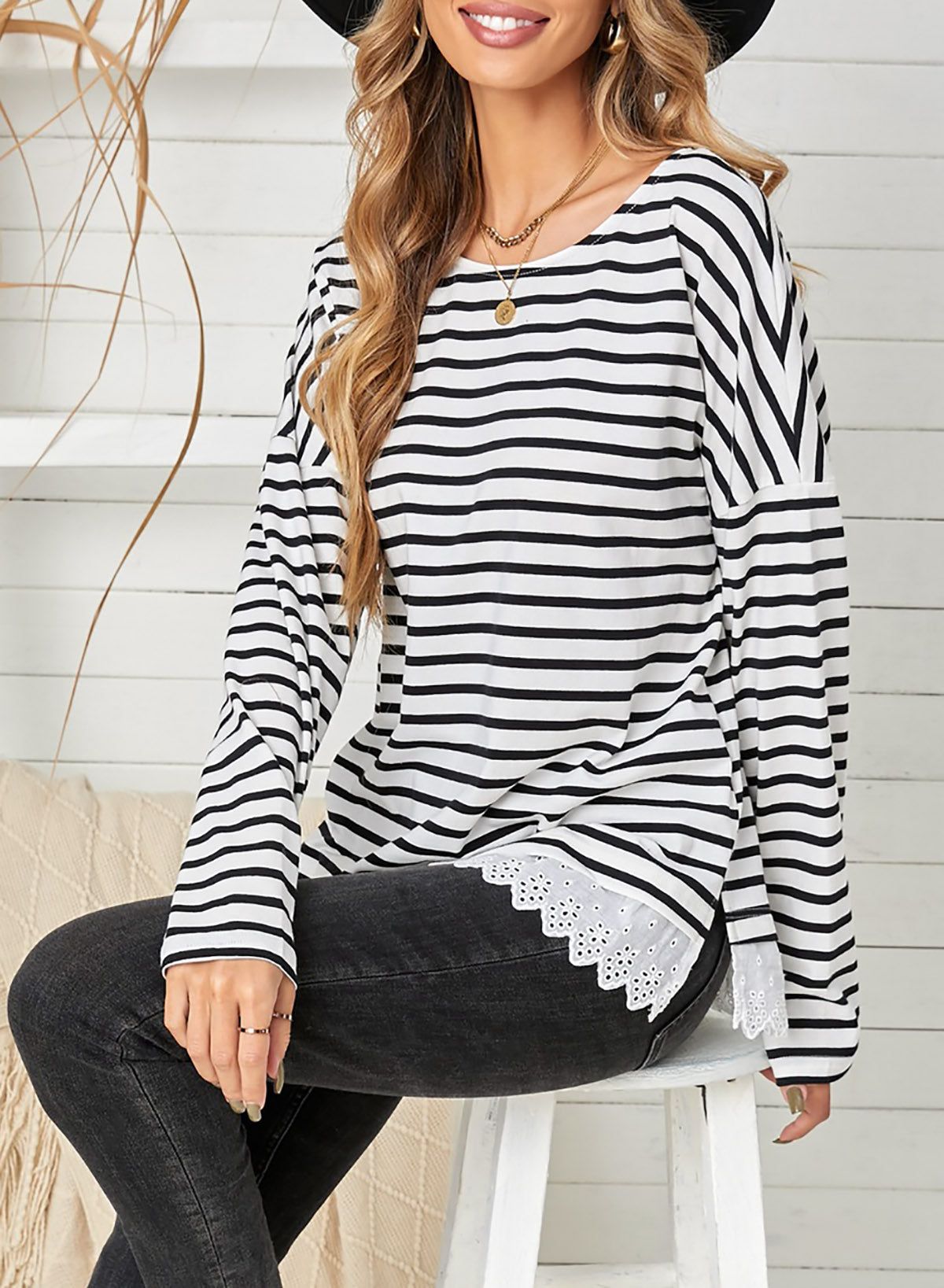 'Amanda' Striped Long Sleeve Lace Trim Top sold by Goodnight Macaroon product image thumbnail 9