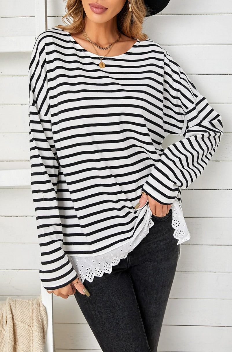 'Amanda' Striped Long Sleeve Lace Trim Top sold by Goodnight Macaroon