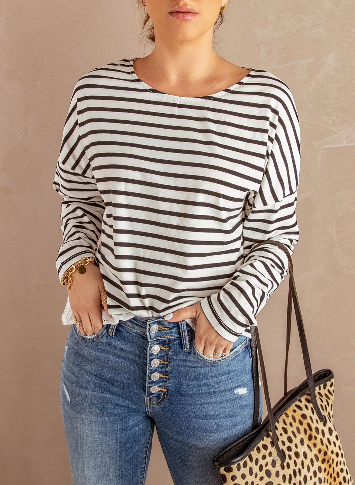 'Amanda' Striped Long Sleeve Lace Trim Top sold by Goodnight Macaroon product image thumbnail 4