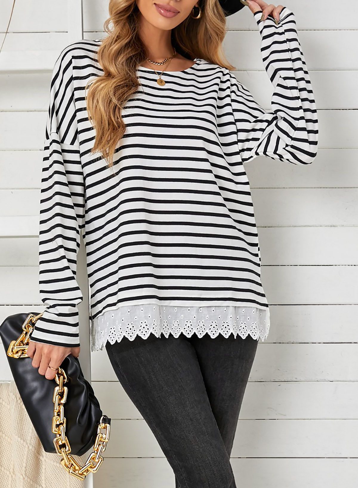 'Amanda' Striped Long Sleeve Lace Trim Top sold by Goodnight Macaroon product image thumbnail 7
