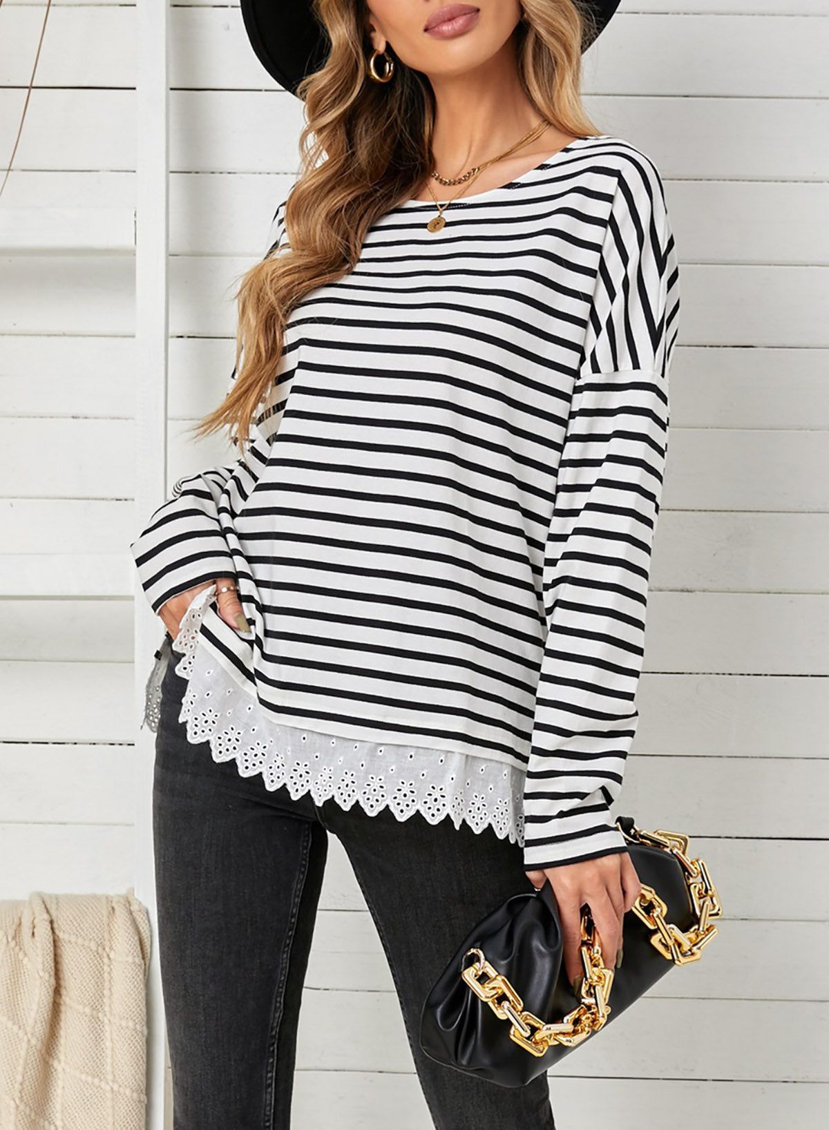 'Amanda' Striped Long Sleeve Lace Trim Top sold by Goodnight Macaroon product image thumbnail 8