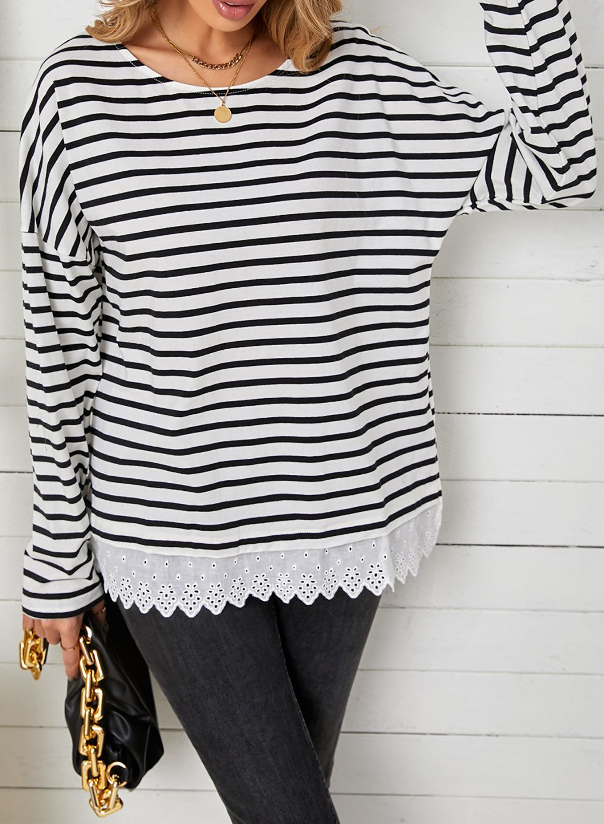 'Amanda' Striped Long Sleeve Lace Trim Top sold by Goodnight Macaroon product image thumbnail 6