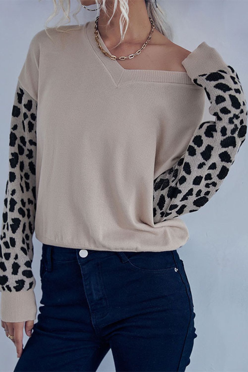 'Alyson' Leopard Sleeve V-neck Thin Sweater sold by Goodnight Macaroon