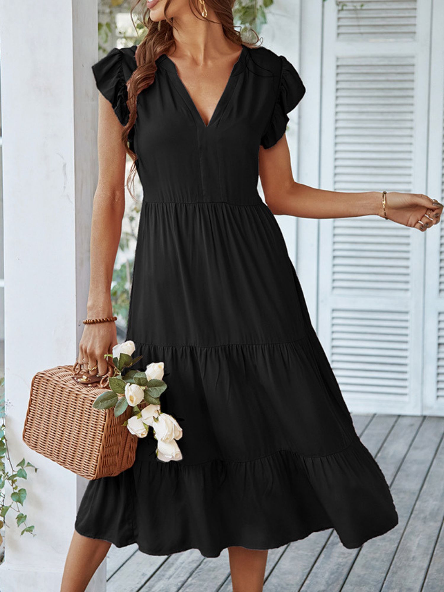 'Jess' V-neck Ruffle Sleeve Midi Flare Dress (4 Colors) sold by Goodnight Macaroon product image thumbnail 5