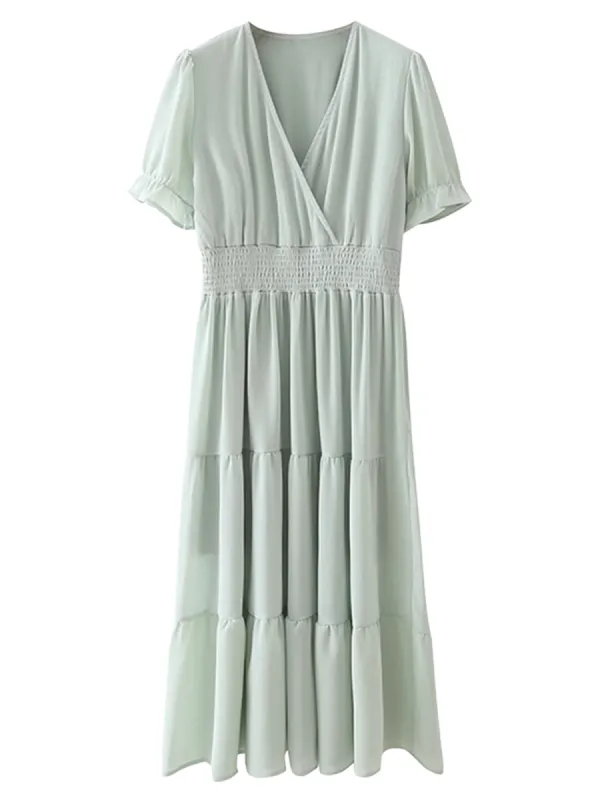 'Nevaeh' V-Neck Ruched Waist Midi Dress made by Goodnight Macaroon