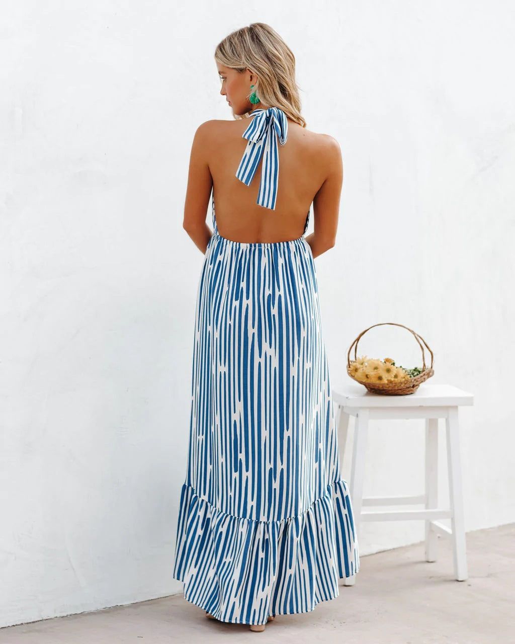 Blue Gathered Backless Halter Printed Dress #168422 sold by Goodnight Macaroon product image thumbnail 5