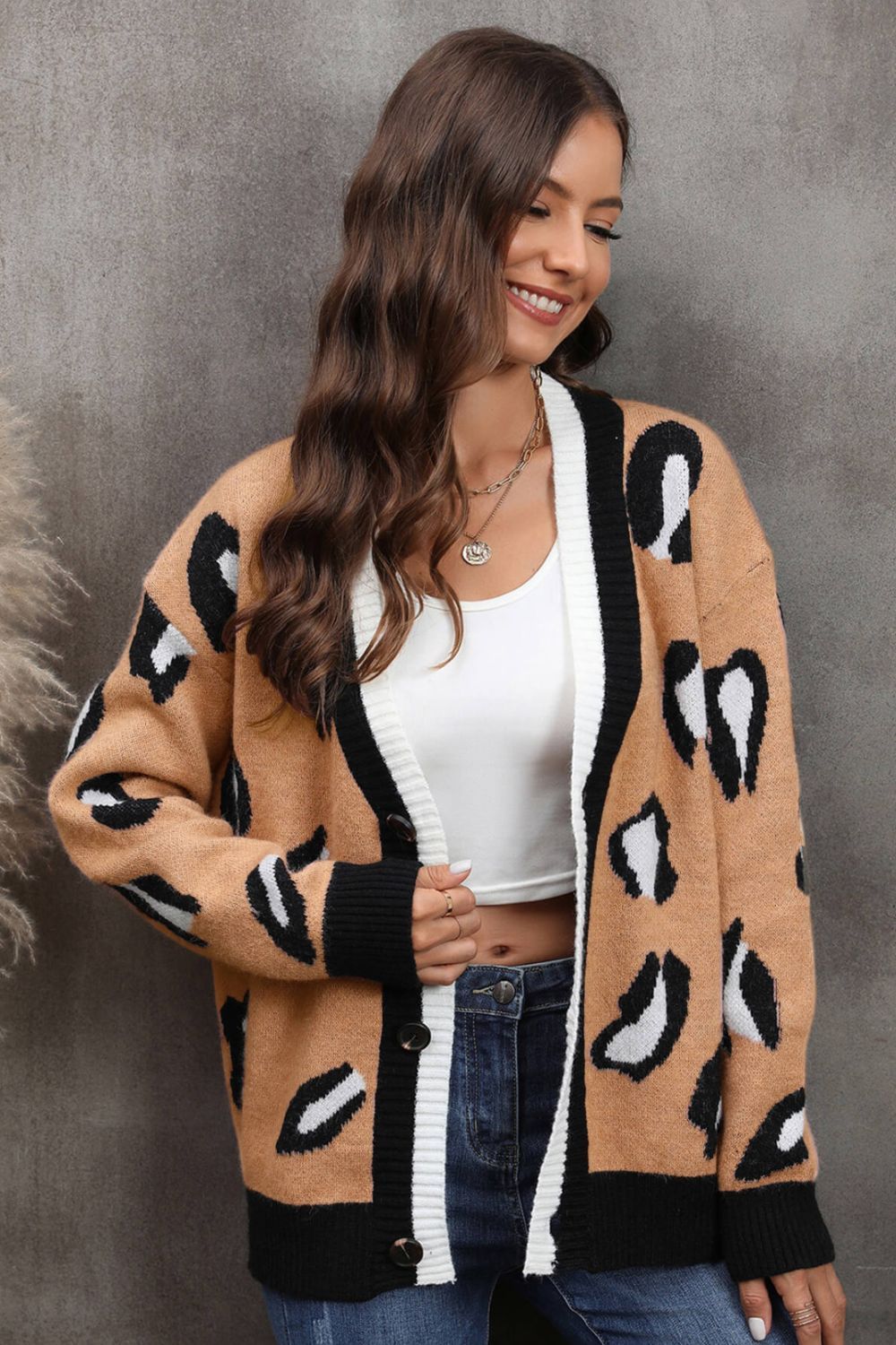 'Ella' Leopard Ribbed Trim Drop Shoulder Cardigan (2 Colors) sold by Goodnight Macaroon product image thumbnail 2
