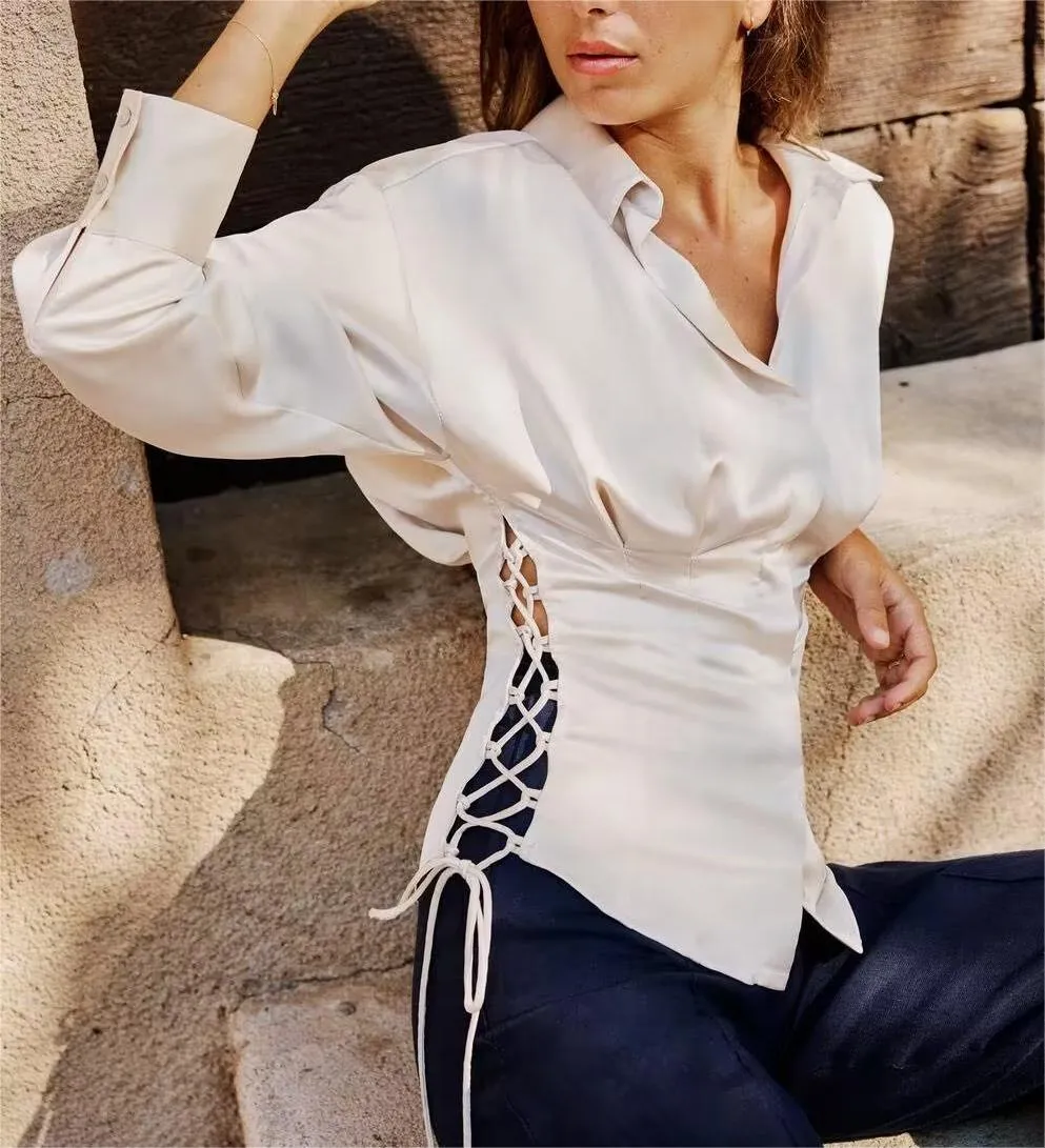 Satin Lace up Shirt #143201 sold by Goodnight Macaroon product image thumbnail 3