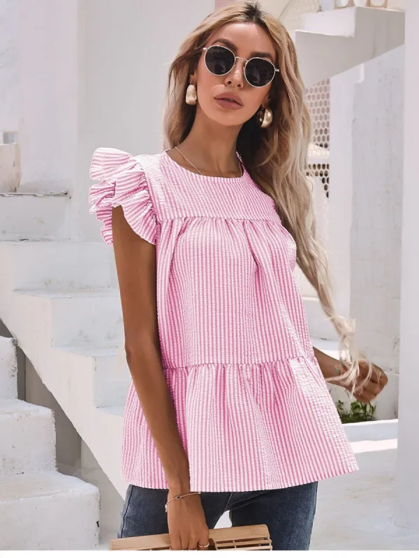 'Hollie' Round Neck Ruffle Sleeve Striped Top sold by Goodnight Macaroon
