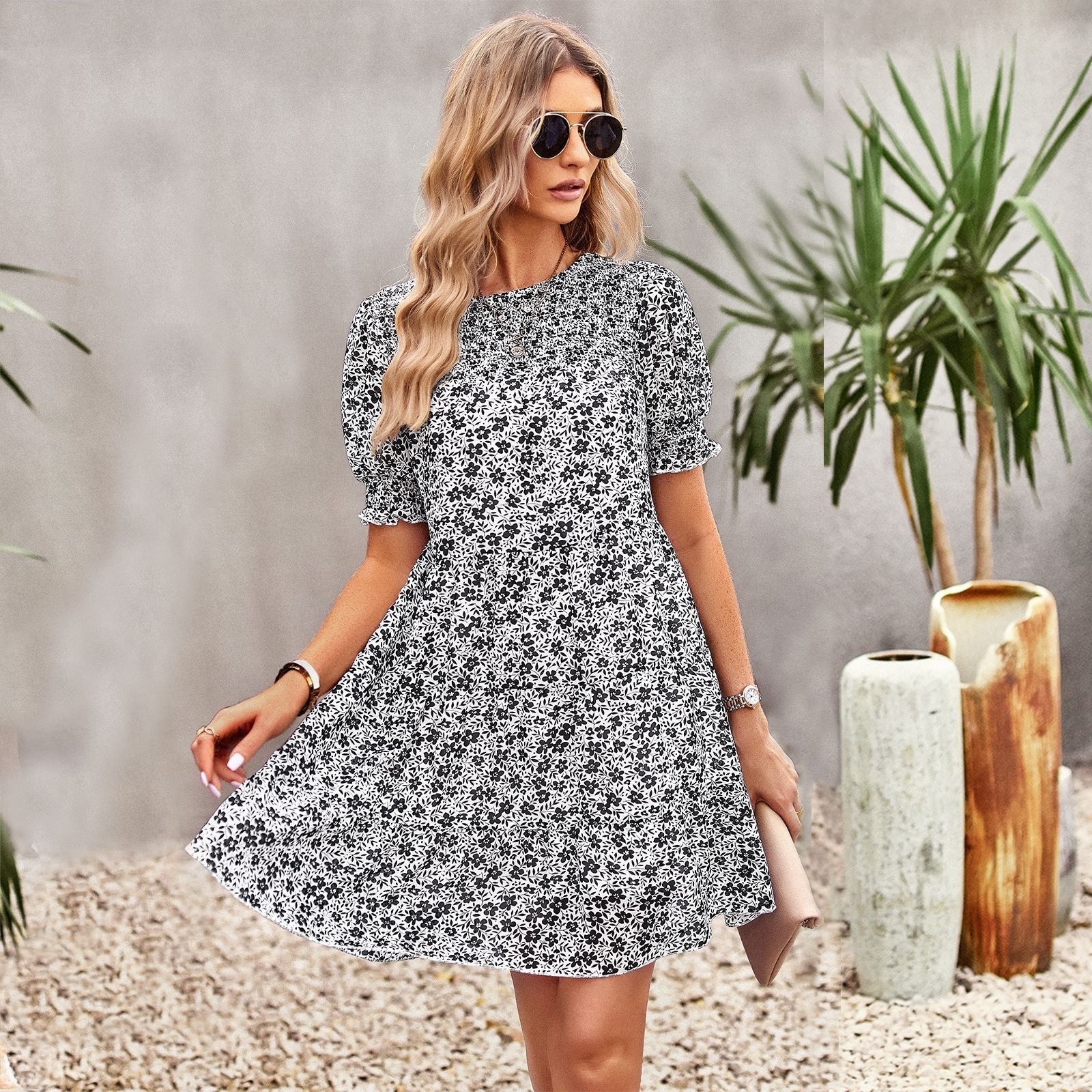 Floral Crew Neck Smocked Dress #166314 sold by Goodnight Macaroon product image thumbnail 4