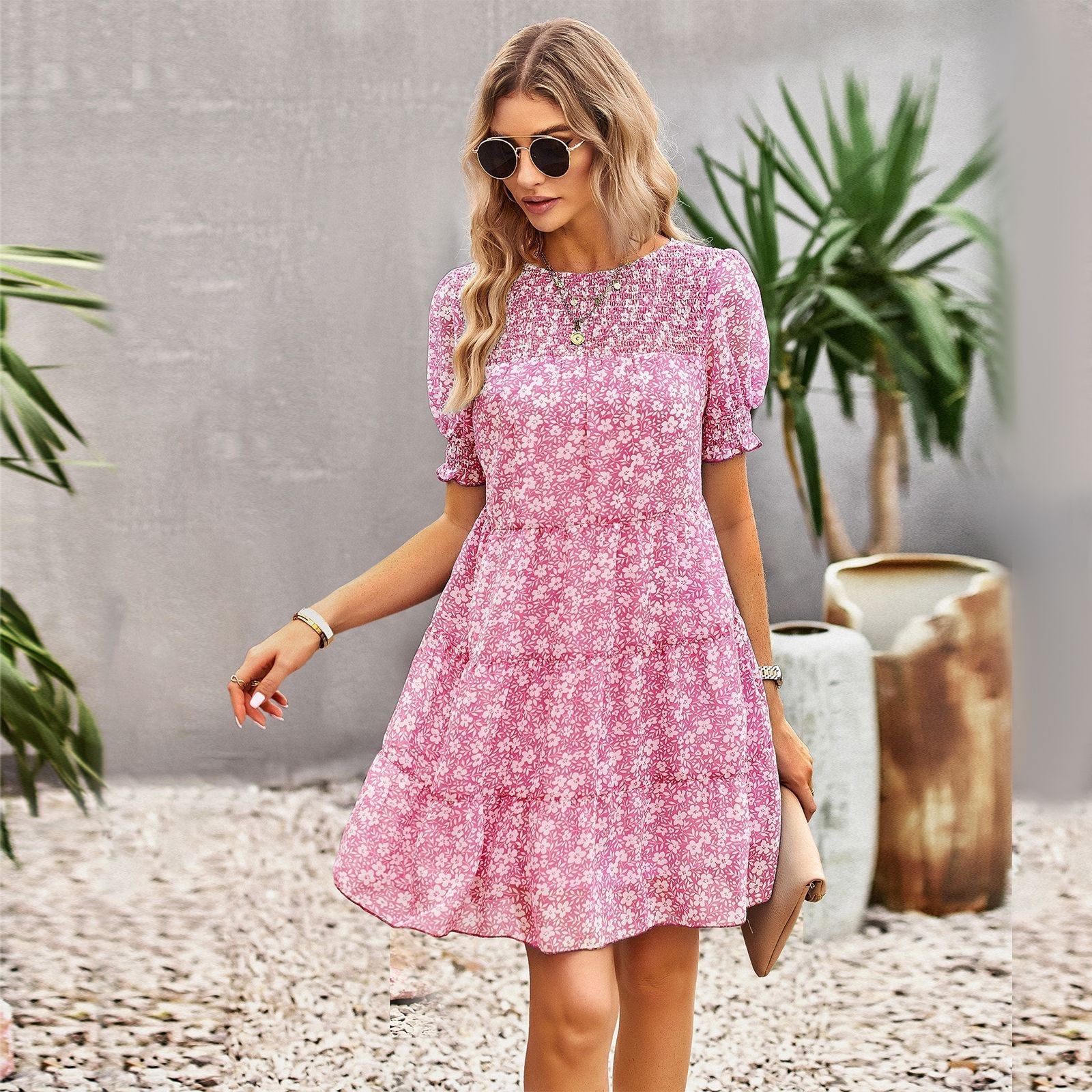 Floral Crew Neck Smocked Dress #166314 sold by Goodnight Macaroon product image thumbnail 5