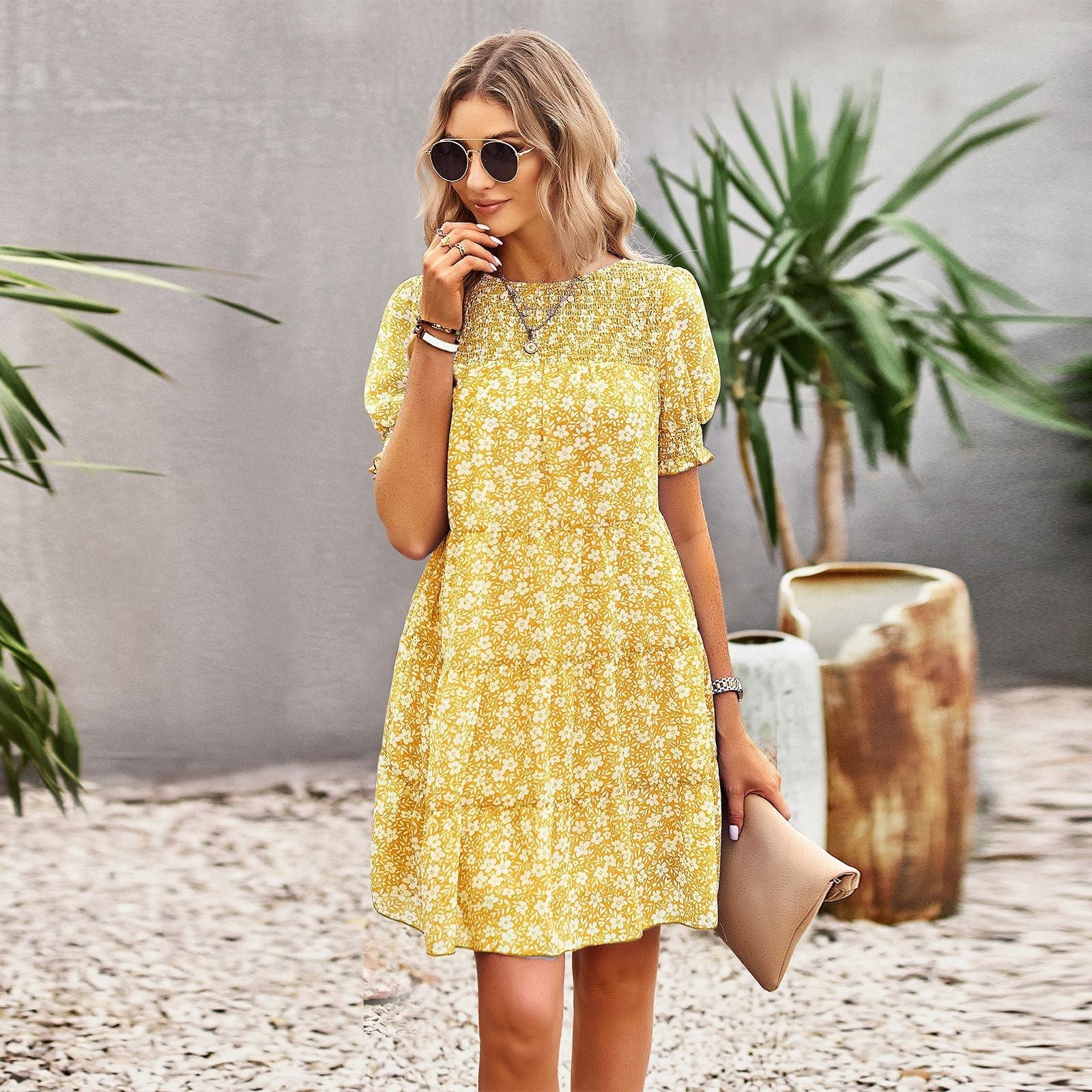 Floral Crew Neck Smocked Dress #166314 sold by Goodnight Macaroon product image thumbnail 3