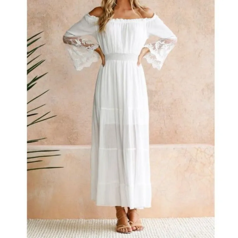 Off Shoulder Lace Sleeves Maxi Dress #020274 sold by Goodnight Macaroon