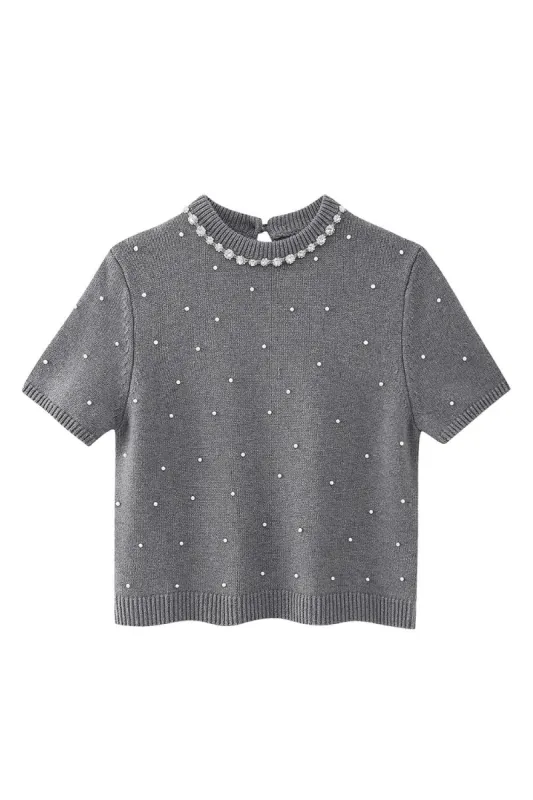 'Yuliana' Imitation Pearl-Embellished Short-Sleeve Knit Sweater sold by Goodnight Macaroon