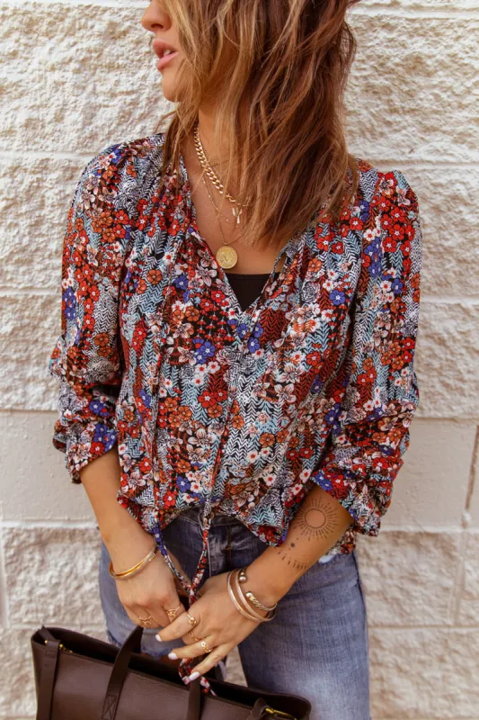 Printed Tie Neck Flounce Sleeve Top sold by Goodnight Macaroon